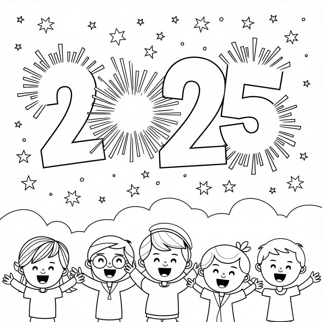 Happy New Year 2025 With Childrens Coloring Pages