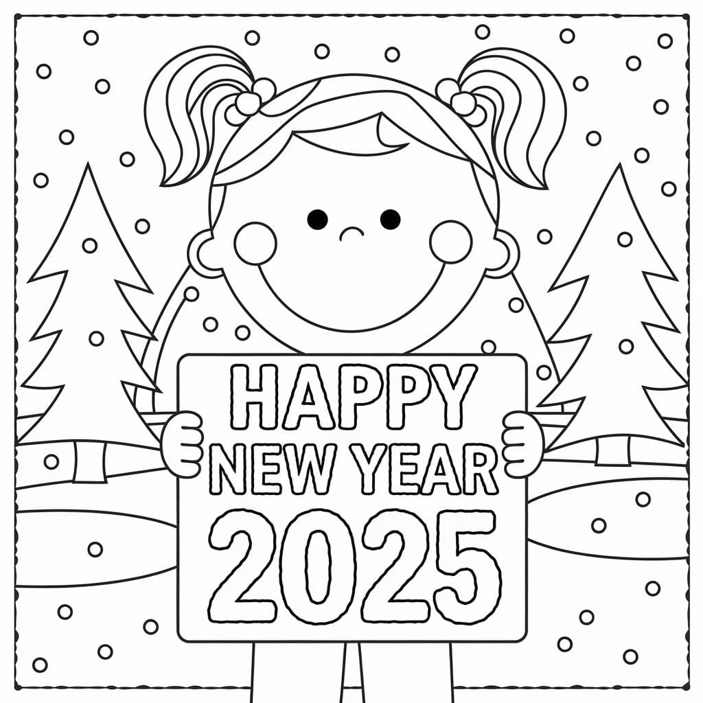 Cute Girl Happy New Year 2025 Coloring Pages