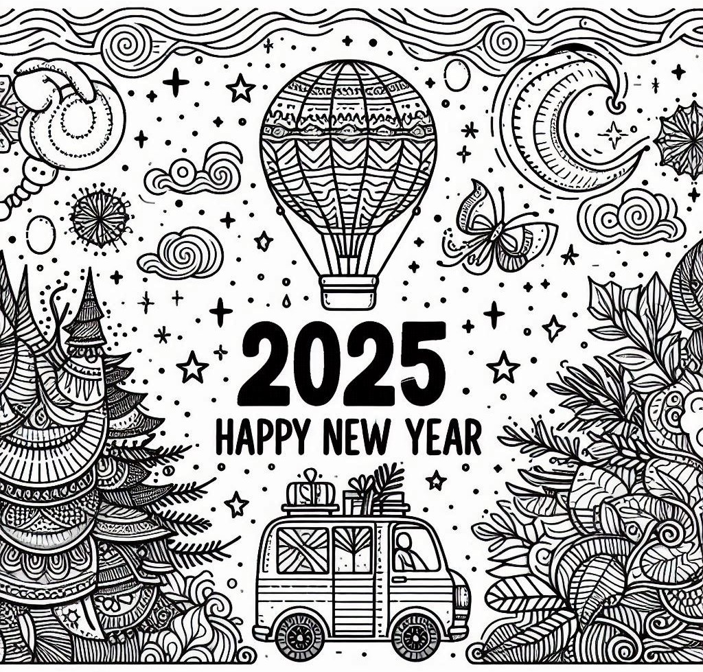 Happy New Year 2025 Coloring Page